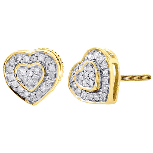 10K Yellow Gold Round Cut Diamond Ladies 8.25mm Heart Stud Pave Earrings 0.30 Ct