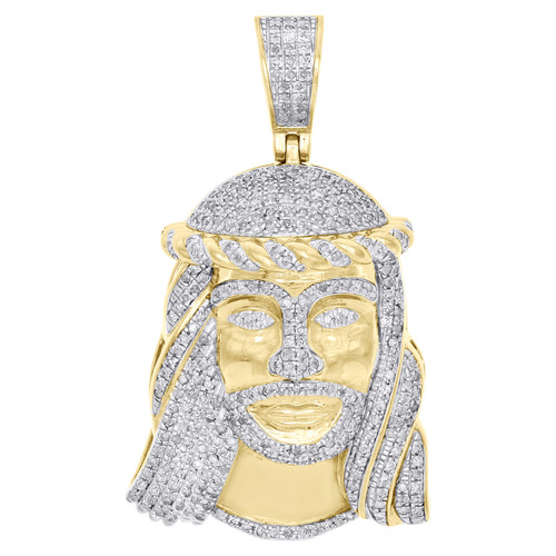 10K Yellow Gold Real Diamond Jesus Face Crown 3D Pendant 1.7" Mens Charm 0.95 CT