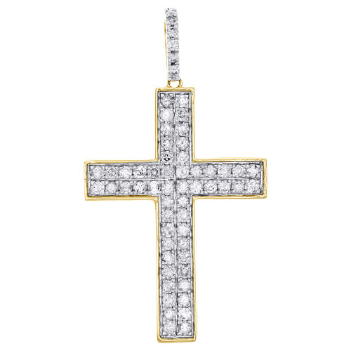 10K Yellow Gold Real Diamond Cross Pendant 1.65" Mens Two Row Pave Charm 1.06 Ct