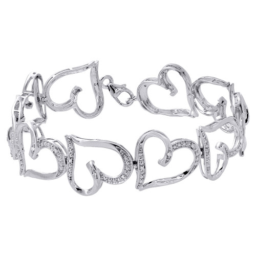 10K White Gold Round Diamond Bracelet 14.50mm Wide Heart Shape Link 7" 1/8 Ct.