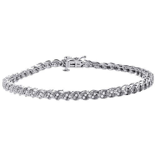 10k White Gold Ladies Round Cut Diamond S-Link Style 7.50" Tennis Bracelet 1 Ct.