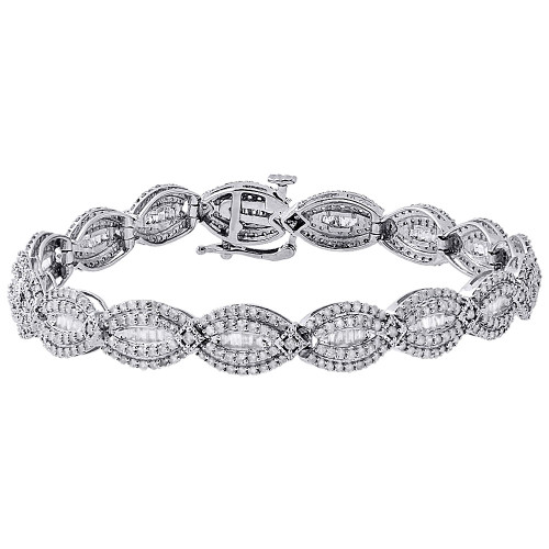 bracelet en or blanc 10 carats avec diamants ronds et taille baguette 7" maillon de forme ovale 3 ct.
