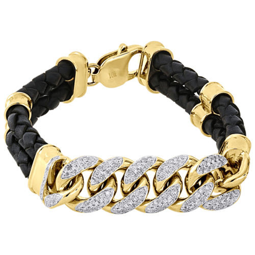 10K Yellow Gold Miami Cuban Link Real Diamond Bracelet 8" Braid Leather 0.80 CT.