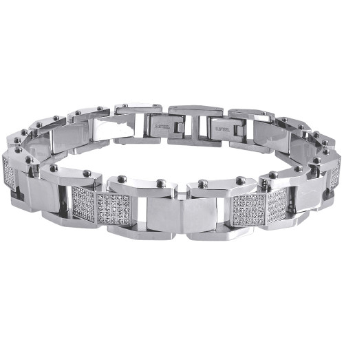 Stainless Steel Diamond Fashion Bracelet 8.50 Inch Pave Links Bangle 1.80 Ctw.