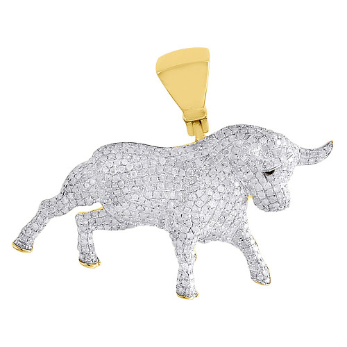 10K Yellow Gold Round Diamond Fighting Taurus Bull Pendant Pave Charm 2.15 Ct.