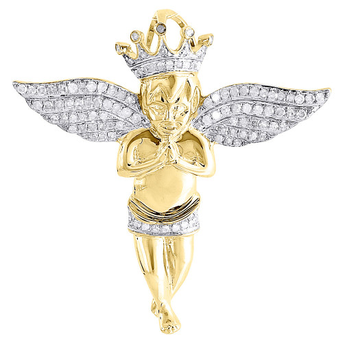 Diamond Angel Pendant Men's 10K Yellow Gold Round Pave Wings Charm 0.46 Tcw.