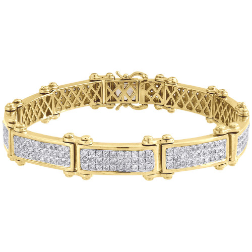 Brazalete de pavé de eslabones llamativos con diamantes para hombre, oro amarillo de 10 k, talla redonda de 8", 6,29 ct.