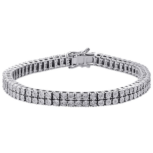 White Diamond Bracelet Mens 2 Row Tennis Link Design Sterling Silver 0.46 ct.