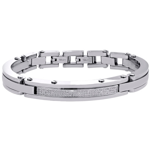 Mens Stainless Steel Genuine White Diamond Bangle Bracelet 9.5mm ID Link 0.65 CT