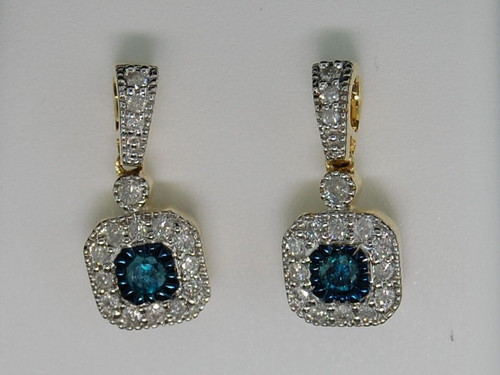 10K LADIES YELLOW GOLD .66 CT BLUE SOLITAIRE WHITE DIAMOND DANGLE EARRINGS HOOPS