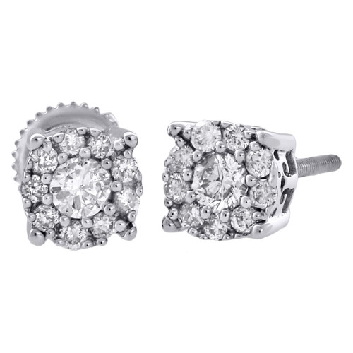 14K White Gold Diamond Solitaire Accent Flower Halo Stud 6.25mm Earrings 3/4 Ct.