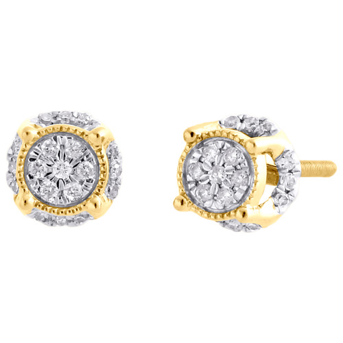 10K Yellow Gold Real Diamond 4 Prong 3D Circle Halo Earring Mens Studs 0.12 CT.