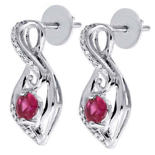 Diamond Infinity Earrings .925 Sterling Silver Created Red Ruby Danglers 0.96 Ct