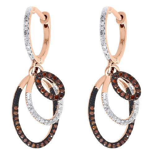 Red Diamond Oval Dangle Earrings 10K Rose Gold Round Pave Triple Loop 0.33 Tcw.