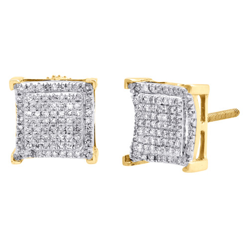 10K Yellow Gold Real Diamond Double Square Frame 9mm Earrings Pave Studs 1/2 CT.