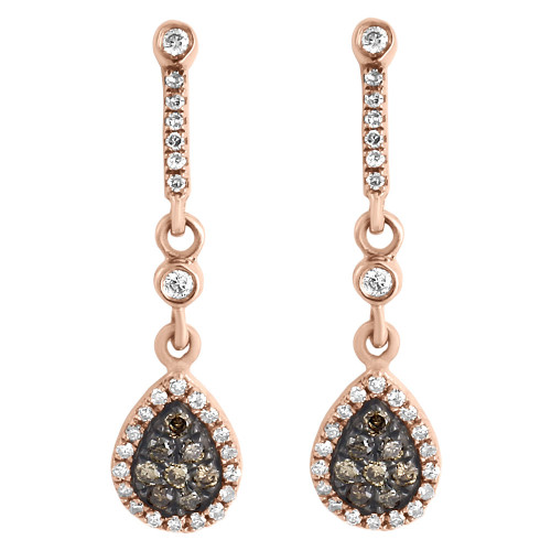 Brown Diamond Earrings Ladies Rose Gold Round Pave Teardrop Danglers 0.50 Tcw.