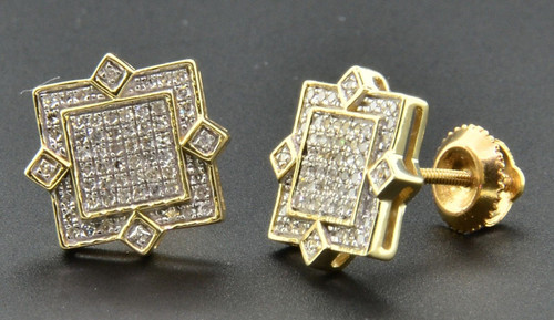 Diamond Studs Square Shape 4 Point Mens Ladies 10K Yellow Gold Earrings 0.30 Ct.