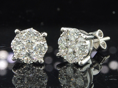 Ladies 18K White Gold Designer Round Cut Diamond Studs Earrings 1.44 Ct.