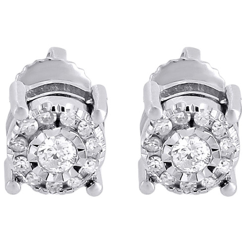 Diamond Earrings 10K White Gold Round Pave Circle Design Fashion Studs 0.18 Tcw.