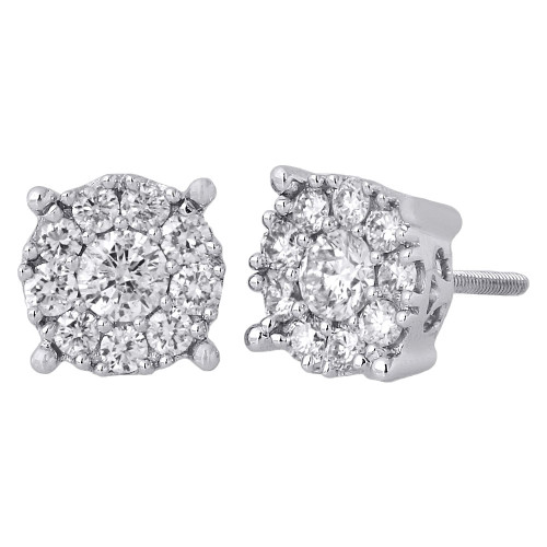 14K White Gold Solitaire Accent 8.25mm Round Diamond Flower Stud Earrings 1 Ct.