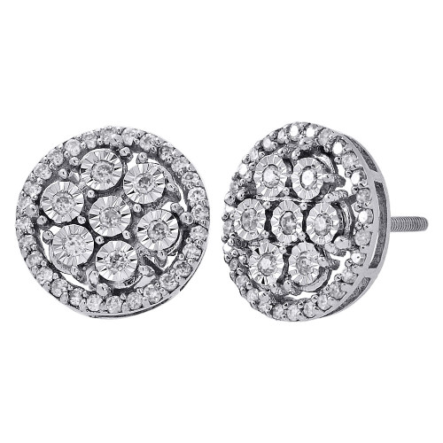 aretes de halo circular de diamantes de talla redonda en oro blanco de 10 k, aretes de pavé de 12 mm, 0,75 ct.