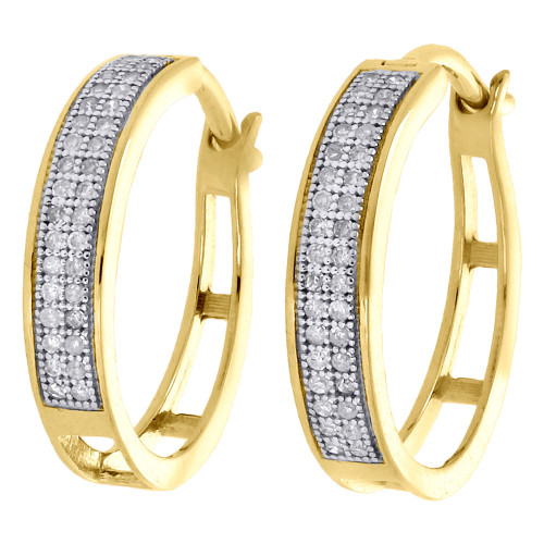 10K Yellow Gold Pave Set Round Diamond 3.6mm Hinged Hoop Earrings 0.20 Ct.