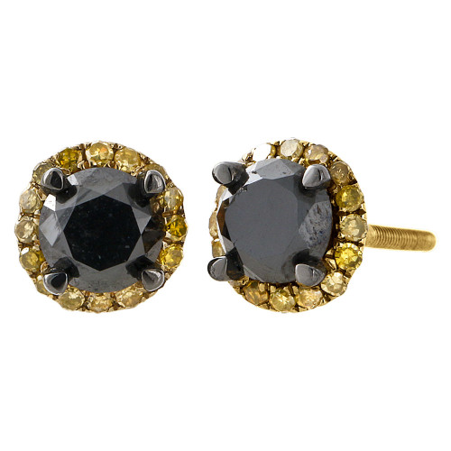 veste halo en or jaune 10 carats avec diamants noirs et jaunes, boucles d'oreilles 7 mm, 1,38 ct.