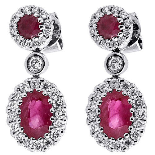 Diamant-rote Rubin-Ohrringe für Damen, 14 Karat Weißgold, ovales Design, 1,81 Tcw.