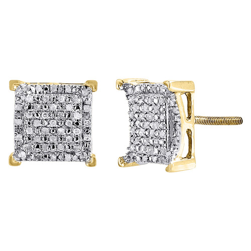 Diamond Square Earrings 10K Yellow Gold Round Cut Pave Design Studs 0.25 Tcw.