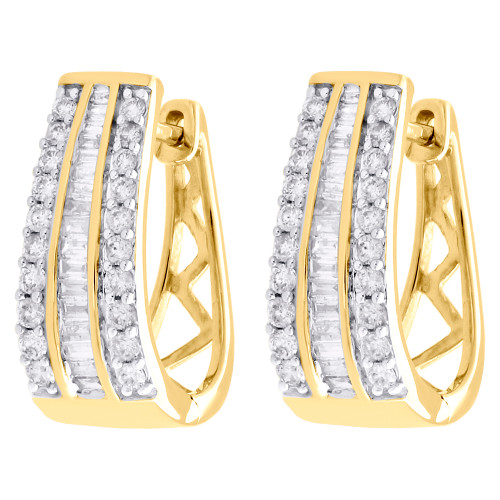 10K Yellow Gold Baguette Diamond Huggie Ladies Oval Hoop Earrings 0.75" 1 CT.