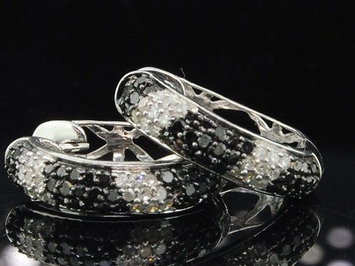 Black Diamond Hoop Earrings Ladies 10K White Gold Round Huggies 0.62 Tcw.