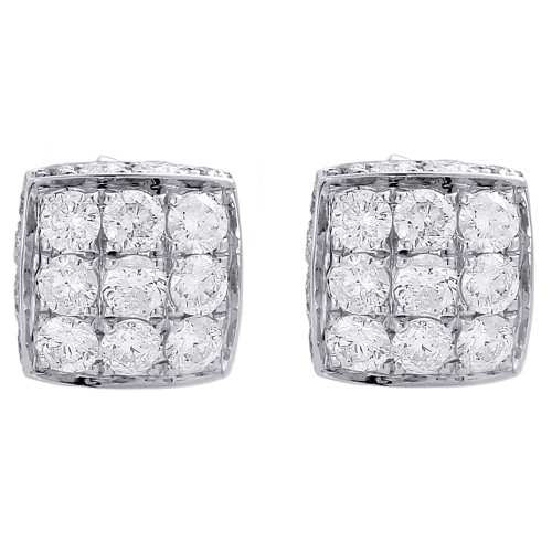 10K White Gold 3D Square Real Diamond Domed Stud Earrings Mens & Ladies 1.85 Ct.