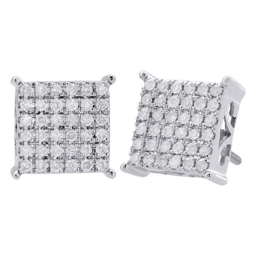 10K White Gold Diamond Stud Pave Set 9.90mm 4 Prong Square Earrings 0.50 Ct.