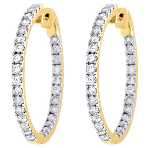 10K Yellow Gold Diamond In & Out Hoops Round Hinged Earrings 1.25" Long 3 CT.