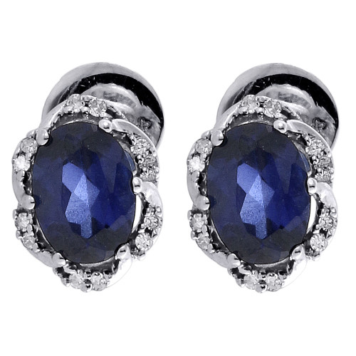 Diamond Oval Created Blue Sapphire Stud Earrings Ladies 10K White Gold 2.50 Tcw