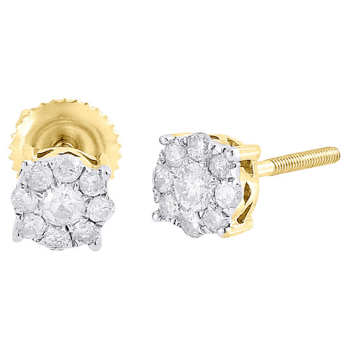 10K Yellow Gold Round Diamond Solitaire Look Flower Cluster Stud Earrings 1/2 Ct