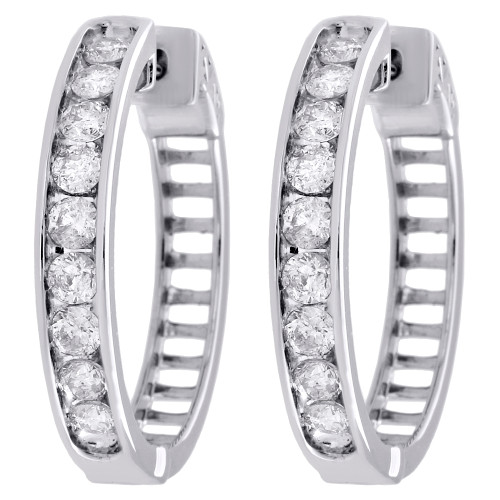 10k White Gold Real Diamond One Row Channel Set 1.10" Huggie Hoop Earrings 2 CT.