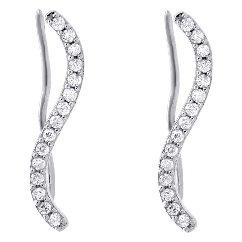 .925 Sterling Silver Diamond Ear Climbers 'S' Curved Earrings 0.95" Long 0.33 CT