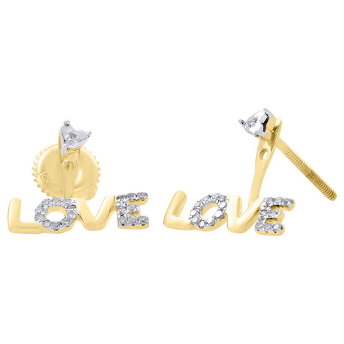 10K Yellow Gold Diamond Stud Love Ladies Dangle Earrings 12.60mm Pave 0.10 Ct.