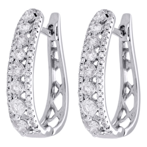 10K White Gold Genuine Diamond Huggies Ladies Oval Hoop Earrings 0.80" 1 CT.