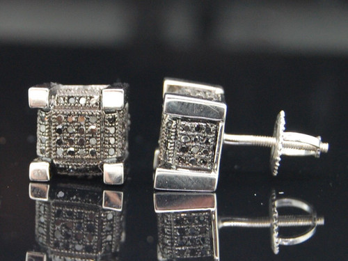 Black Diamond 3D Cube Studs 10K White Gold Round Pave Square Earrings 3/4 Tcw.