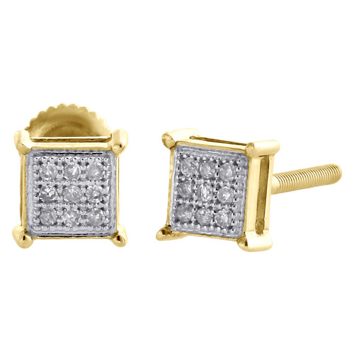 10K Yellow Gold Genuine Diamond Square Studs 4 Prong 5mm Pave Earrings 1/20 CT.