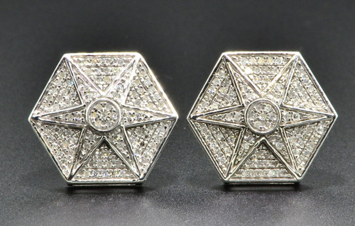 Diamond Studs 6 Point Star Hexagon Mens Ladies 10K White Gold Earrings 0.35 Ct.