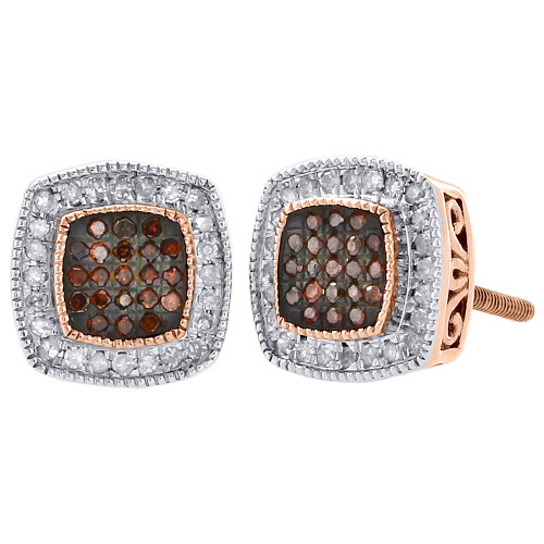 10K Rose Gold Red Diamond Studs Ladies 8.85mm Square Halo Earrings 0.25 Ct.