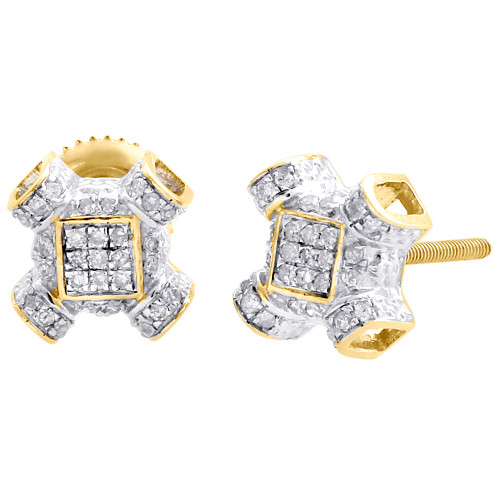 ohrringe aus 10-karätigem Gelbgold mit kreuzförmigem 3D-Diamant und quadratischem Rahmen, Pavé-Ohrstecker, 1/4 ct.