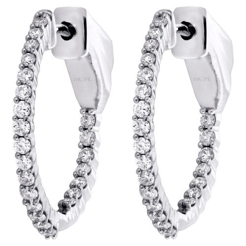 10K White Gold Round Diamond In & Out Hinged Hoop Earrings 0.75" Long 0.50 CT.