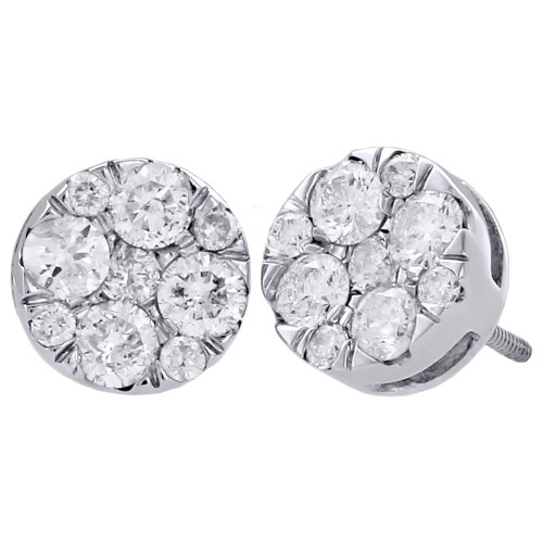 14K White Gold Diamond Flower Studs 8.30mm Faceted Round Cluster Earrings 1 Ct.