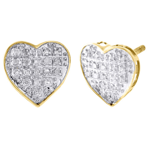 10K Yellow Gold Diamond Heart Studs Ladies Mini 9.80mm Earrings Pave Set 0.10 Ct