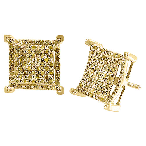 Yellow Diamond Earrings 10K Gold Round Cut Pave Square Design Studs 0.33 Tcw.