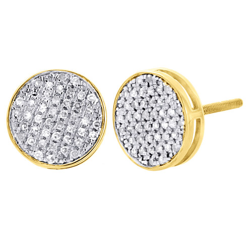 10K Yellow Gold Round Cut Diamond Flat Circle Pave Studs 10mm Earrings 0.40 Ct.